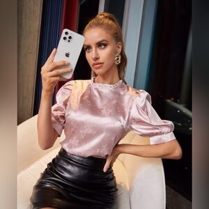 Satin Frill Neck Puff Sleeve Pink Top